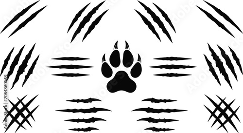 Photography Black wild animal claw scratch marks with central wolf paw print monster slashes