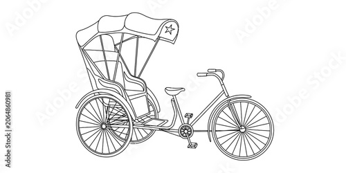 Fotografie Black and white line drawing of a traditional bicycle rickshaw with a hood for p