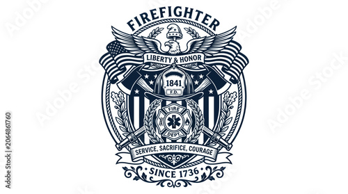 Foto Vintage firefighter emblem with eagle axes and american flag