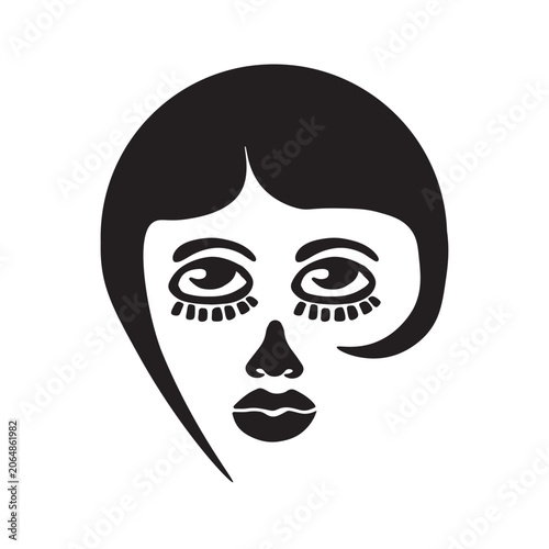 Abstract female face with short black hair. Transparent background.