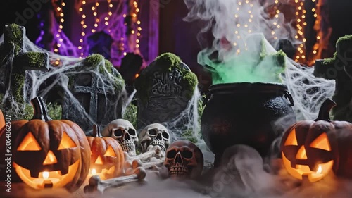 Smoking cauldron and carved pumpkin in spooky halloween setting.