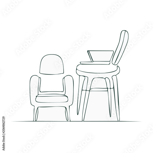 Minimalist line drawing of chair and table with laptop