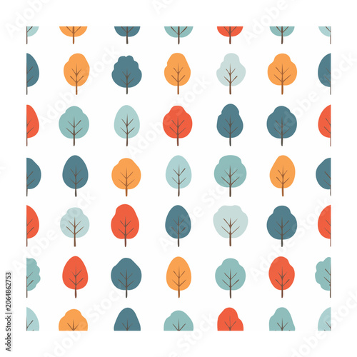 Seamless Pattern of Colorful Flat Design Trees on White