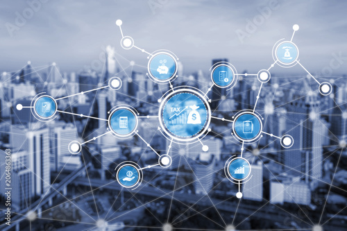 This image depicts a conceptual network of financial technology, showcasing tax symbols and digital connections set against an urban skyline, emphasizing modern finance. Tessel