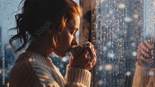 Woman with mug looking through rainy window at night.