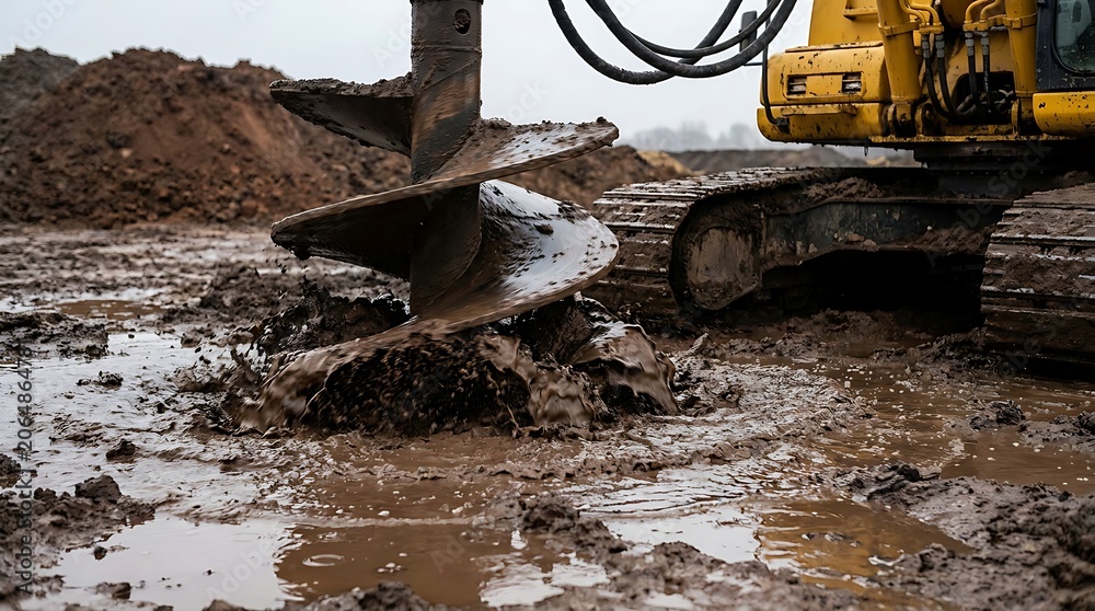Fototapeta premium Heavy duty auger drill boring into wet muddy earth at construction site, industrial drilling equipment digging deep hole in soil for foundation or infrastructure project.