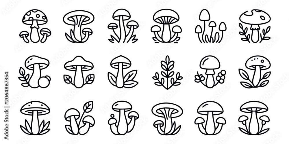 Fototapeta premium Black and white line of various mushrooms and plants line fungi leaves in white background 