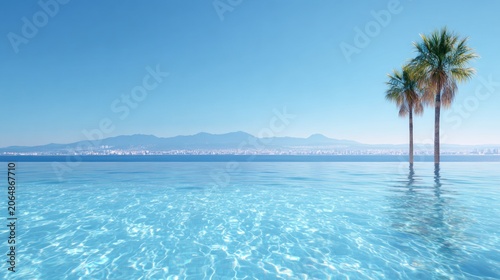 Crystal clear water of an infinity pool overlooks a distant coastal cityscape backed by mountains under a bright blue sky.