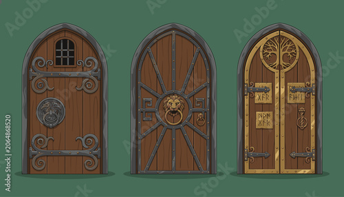 Set of three ancient medieval arched wooden doors decorated with iron hinges, lion knocker, and golden tree.