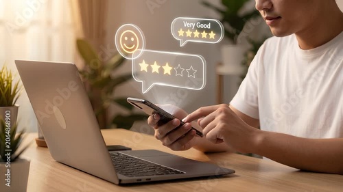 Man Holds Smartphone at Home Desk to Submit Customer Review, Display Smiley Face Rating, Show Five Star Score, Open Feedback Chat Bubble, and Confirm Positive Satisfaction