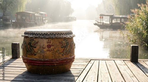 Decorative Drum on Wooden Dock by Calm River