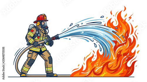 Vászonkép Firefighter battling intense flames with a powerful water hose
