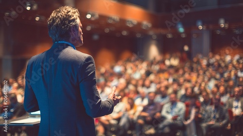 Business presentation on stage at professional corporate gathering