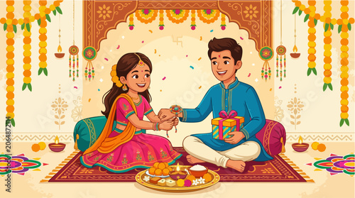 Raksha Bandhan festival illustration, sister tying rakhi on brother wrist, Indian family celebrating traditional holiday with gifts and sweets