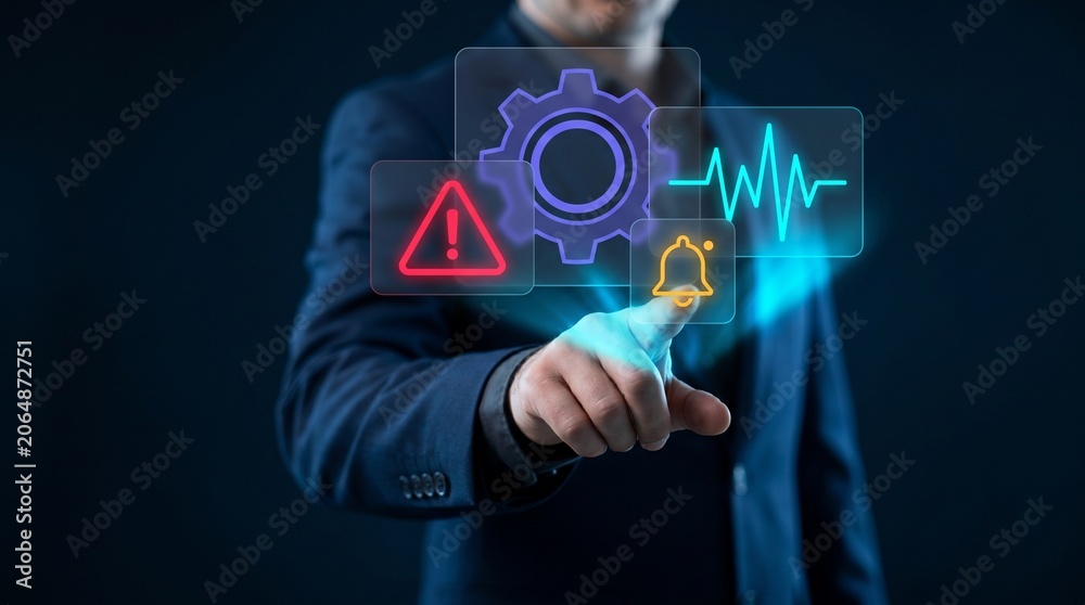 Obraz premium Businessman Touches Glowing Panel to Configure System Settings Gear, Trigger Warning Alert Triangle, Activate Notification Bell, Monitor Signal Waveform, and Manage Digital Operations