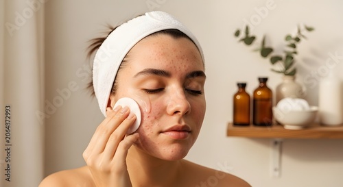 Young woman with acne applies skincare with cotton pad in a bathroom.