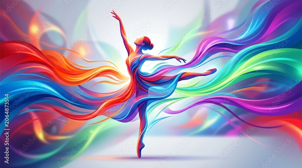 Fototapeta premium A graceful ballerina dancer performs an elegant pose surrounded by vibrant colorful flowing abstract ribbons in a dynamic rainbow spectrum of motion.