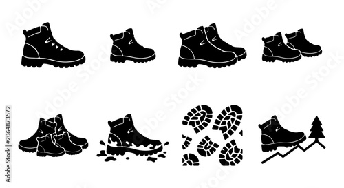 Hiking Boots Vector Icons: Single, Pairs, Muddy, Footprints, Mountain Trail