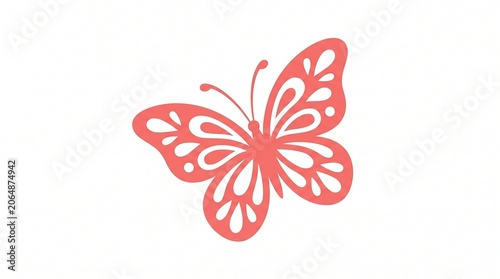 A clean, minimalist vector graphic of a stylized butterfly with ornate cutouts on its coral pink wings, positioned at an angle against a pure, seamless white background.