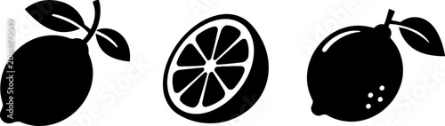 Obraz na płótnie Set of black lemon fruit icons with whole and sliced citrus pieces