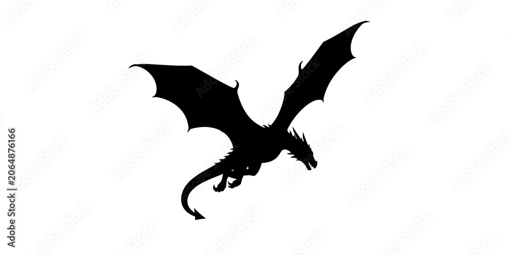 Fototapeta premium Silhouette of Mythical Dragon Flying Against Clear Sky in Minimalist Black Style