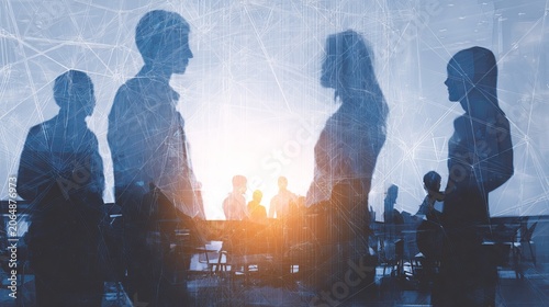 Silhouette of business professionals collaborating in modern office with double exposure network connection and teamwork partnership concept
