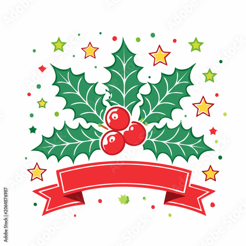 Christmas Holly and Berries with Stars and Ribbon