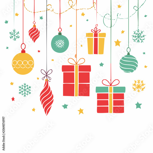 Christmas Ornaments and Gifts Hanging with Snowflakes and Stars