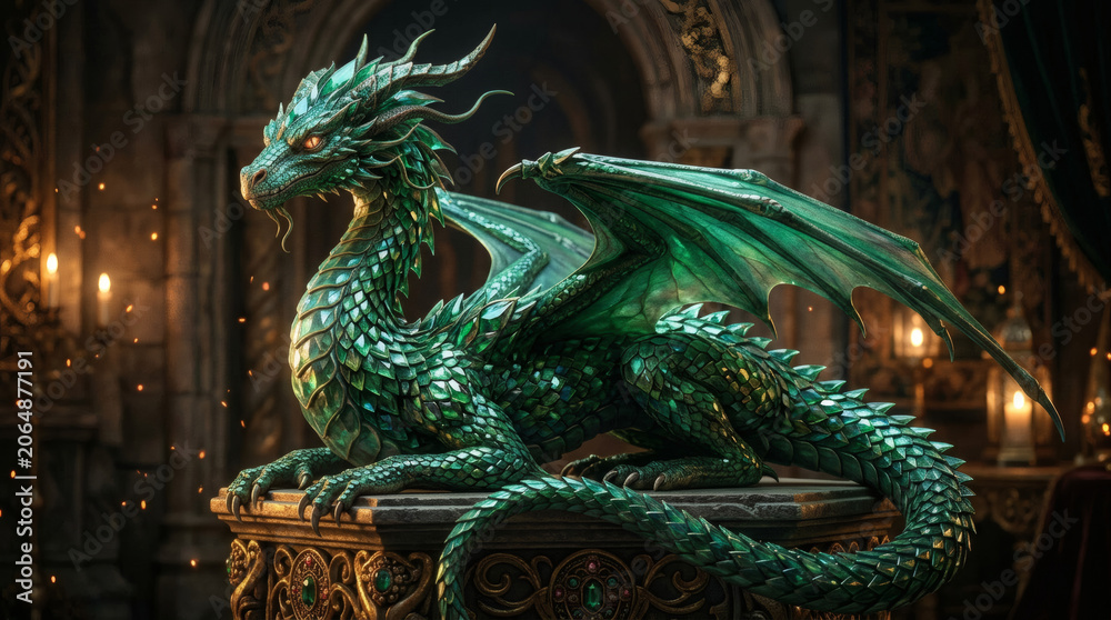 Obraz premium Dragon Sculpture with Emerald Scales in Luxury Fantasy Hall Lighting for Mythic Decor