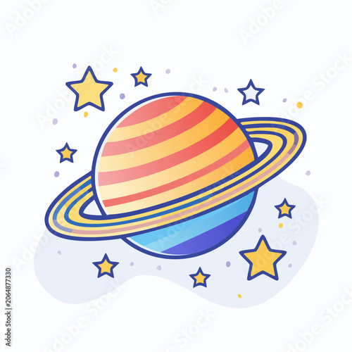 Stylized Planet with Rings and Stars