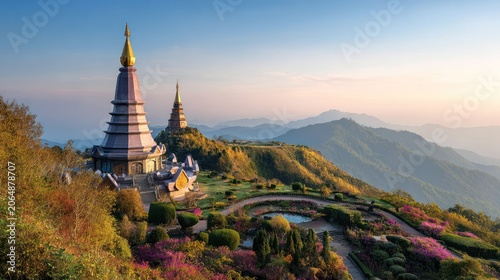 Twin gilded chedis crown a hilltop garden overlooking layered mountain ranges at sunrise