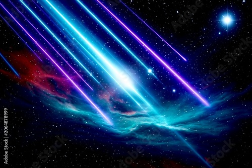 Neon Space Lasers Light Trails and Colorful Nebula in Deep Space