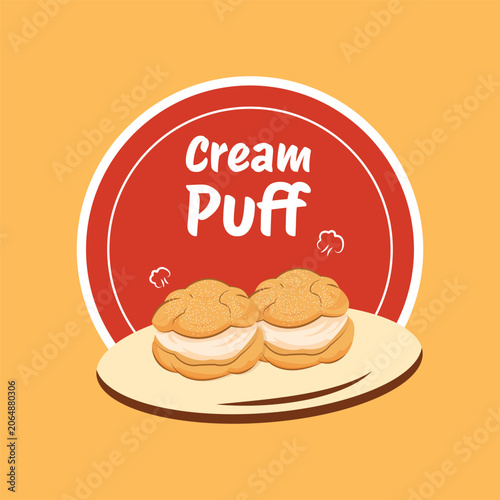 Fotografie A charming graphic illustration featuring two delectable cream puffs filled with rich, creamy goodness, beautifully served on a plate, ideal for tempting sweet cravings