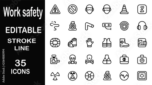 Work Safety Icons: A collection of 35 editable stroke line icons representing various aspects of work safety, including protective gear, warning signs, and hazard symbols.