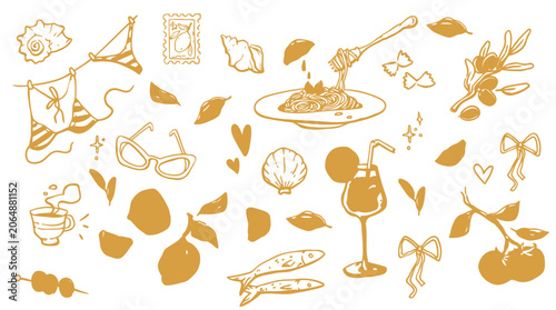 Bild auf Leinwand Hand-drawn golden elements evoking summer holidays food, drink, fashion, and nat