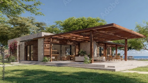 Modern tropical residence features extensive wooden pergola overlooking a bright seaside landscape