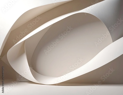 A curvy abstract sculpture with smooth, flowing white and beige surfaces