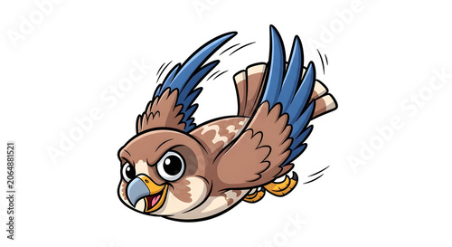 A cartoon bird flies swiftly through the air with outstretched wings and alert expression.