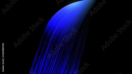 Dark Black Background with a Curved Swath of Bright Blue Light Streaks Falling Downward and Outward
