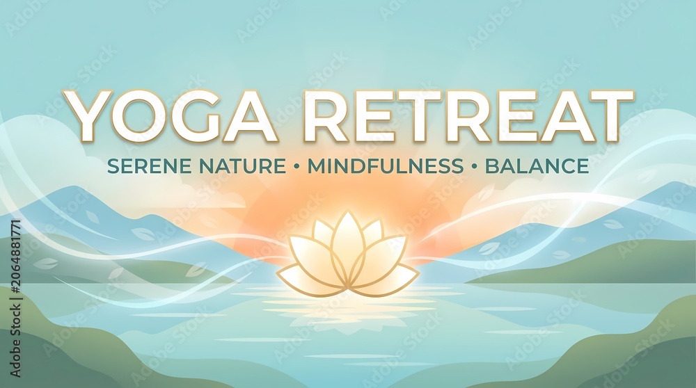 Naklejka premium Yoga retreat banner with lotus flower, mountains and sunrise