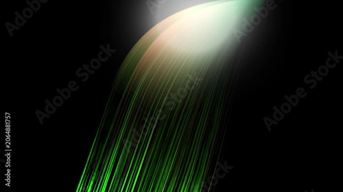 Abstract Waterfall of Light Streaks with Green and Pink Hues Descending from a Bright White and Yellow Glow on a Dark Black Background Representing Energy Flow and Digital Data Streams in a