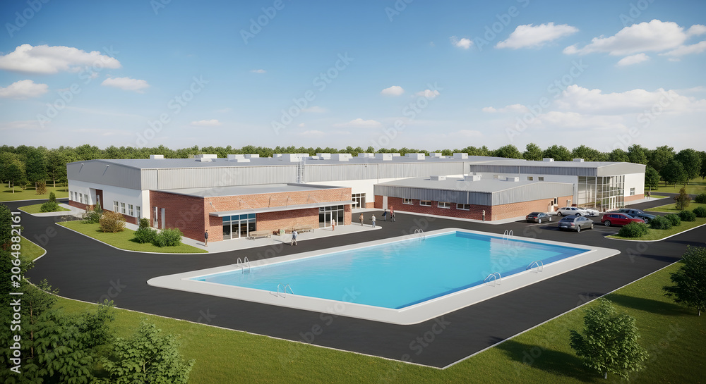 Fototapeta premium Aerial view of a large building with a swimming pool in the courtyard surrounded by trees and a parking lot