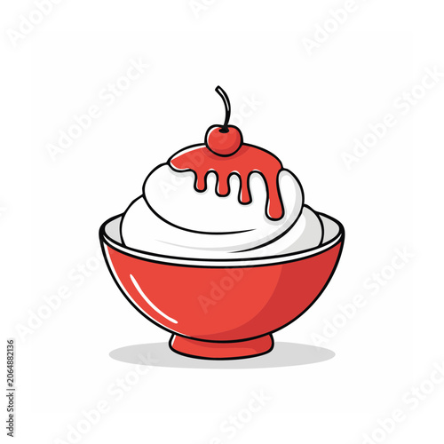 Red bowl with ice cream sundae and cherry