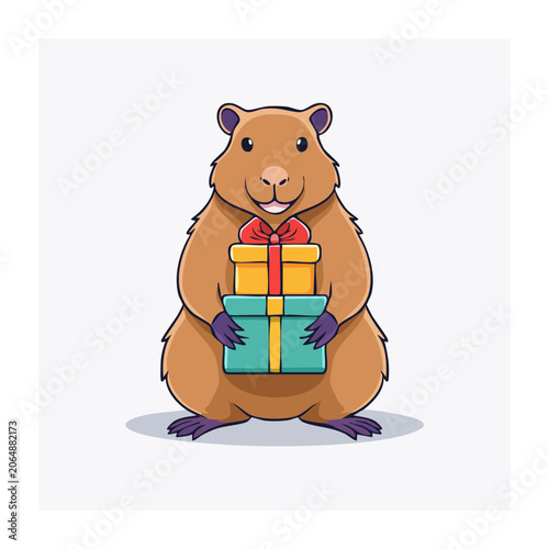 Cartoon giraffe holding gift box with ribbon