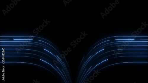 Symmetrical Arrangement of Curved Electric Blue Neon Light Lines Forming an Arching Shape on a Black Background Symbolizing Data Pathways and Network Connections in a Futuristic Digital Environment