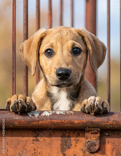 A cute brown puppy with white fur on its chest looks through rusty metal bars