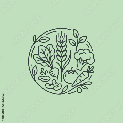 A circular icon featuring various fresh vegetables and grains