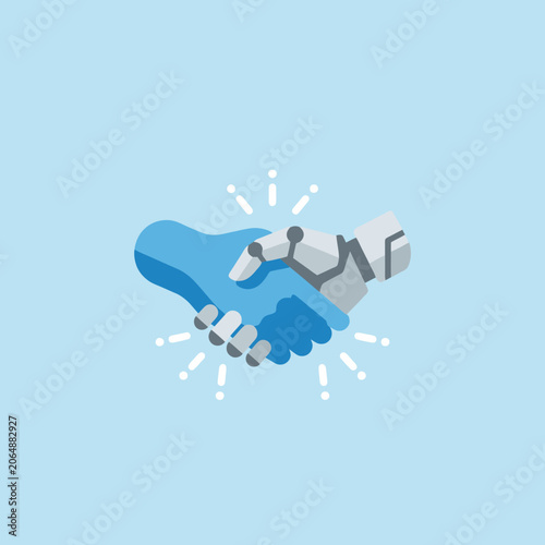 A human hand shakes a robotic hand in a friendly gesture