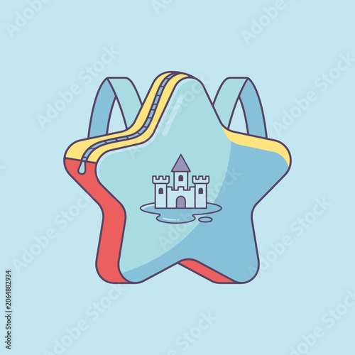A cute star shaped backpack with a small castle illustration on it