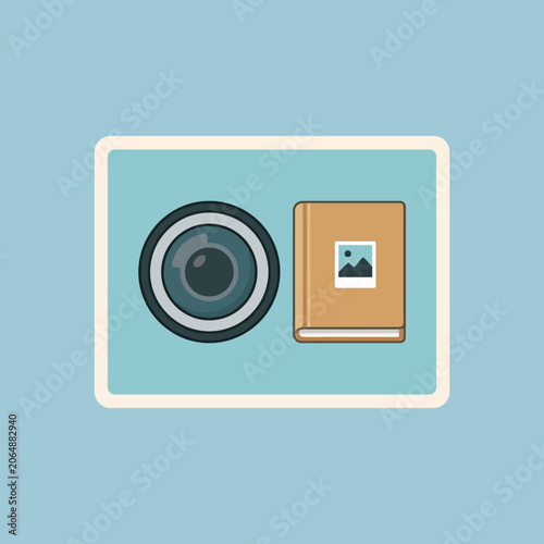 A camera lens and a photo album on a blue background